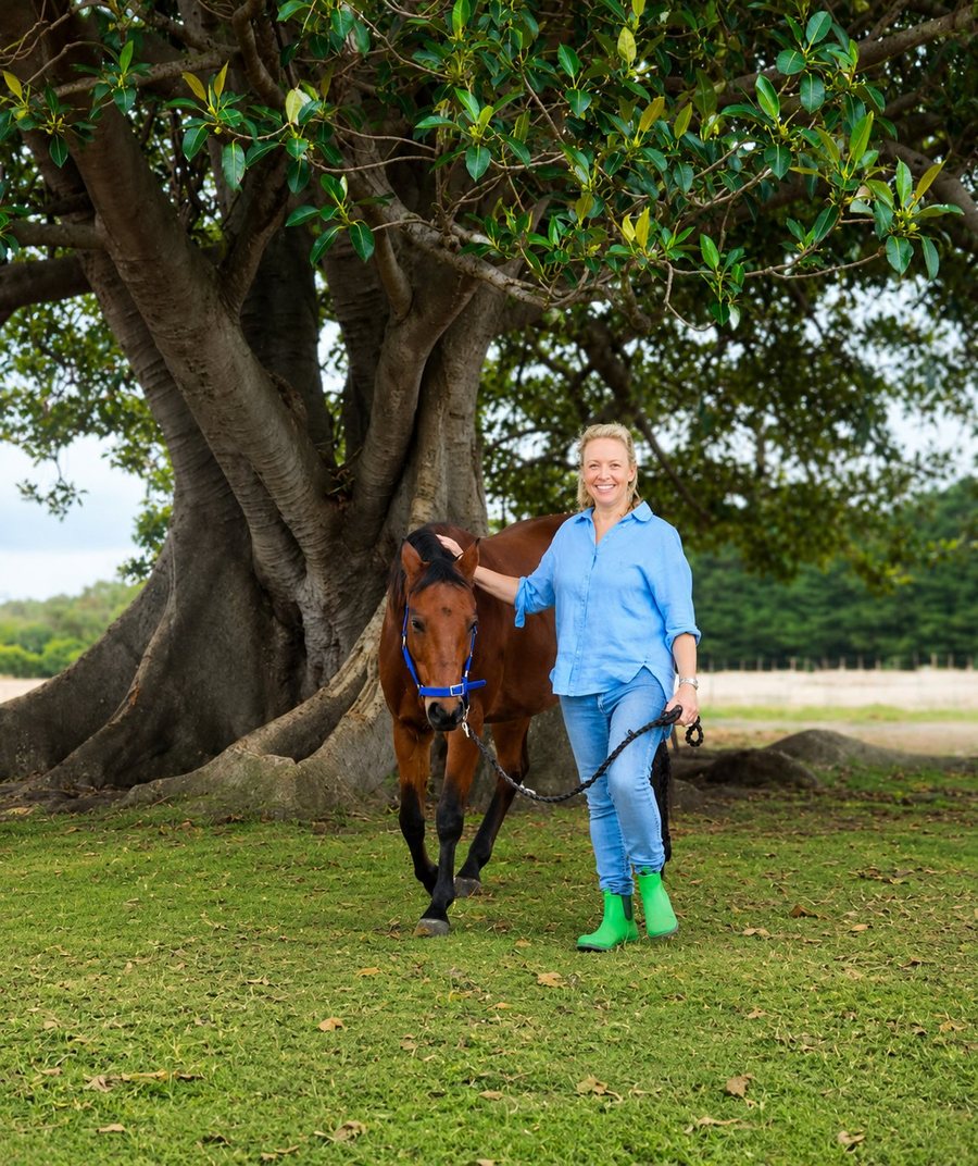 Annabel Showers walking a bay horse through the paddock.