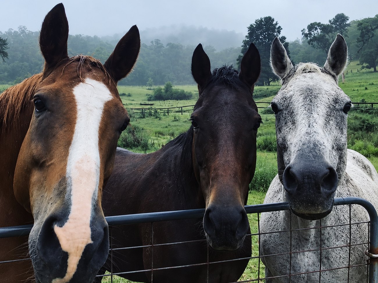 Three horses standing at the gate on a misty morning.